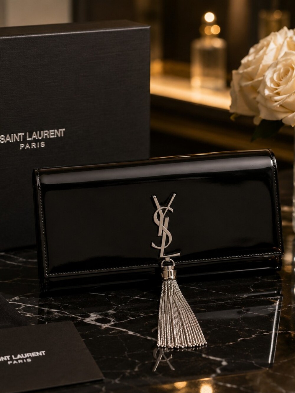 YSL Kate Tassel Black Patent Leather Clutch